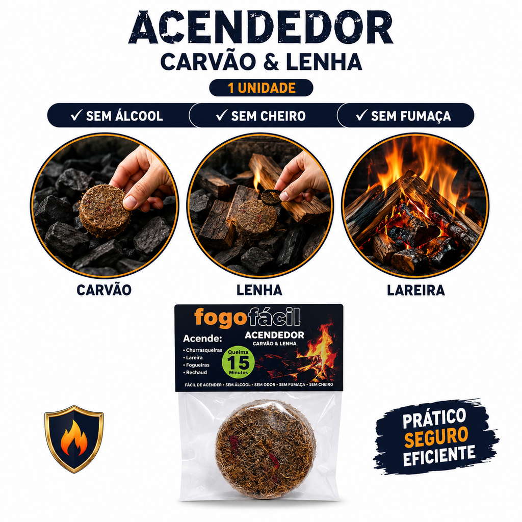 Acendedor para Carvão e Lenha Fogo Fácil – Cartela com 5 Unidades