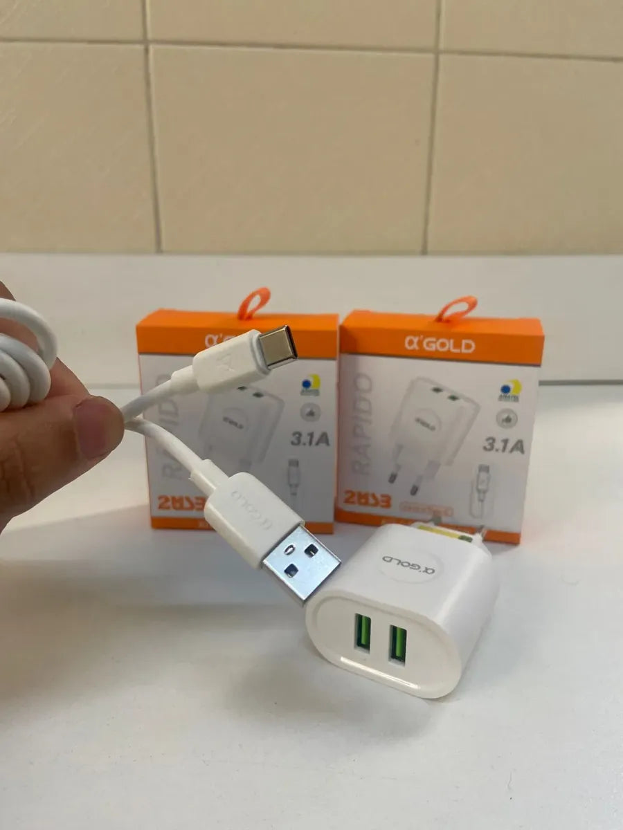 Carregador Rápido A'Gold 3.1A 2 USB com Cabo USB para Tipo-C