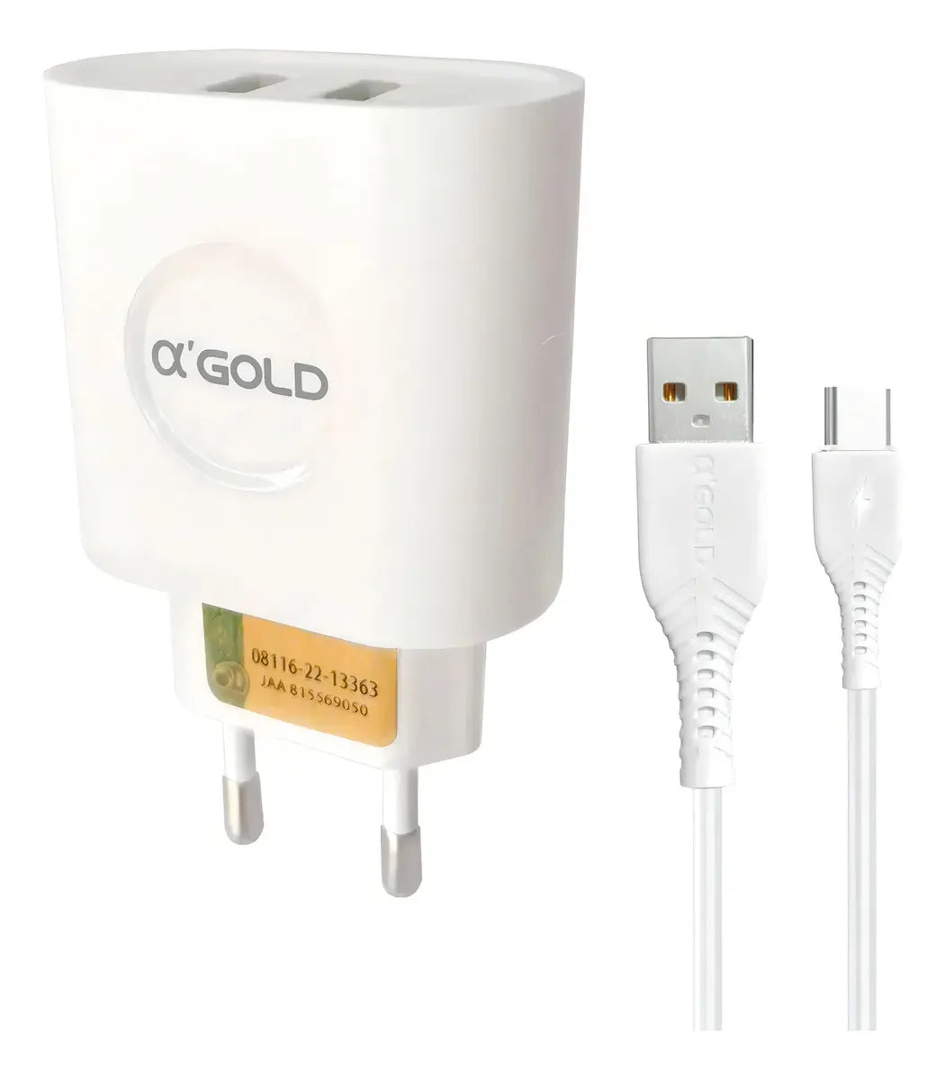 Carregador Rápido A'Gold 3.1A 2 USB com Cabo USB para Tipo-C