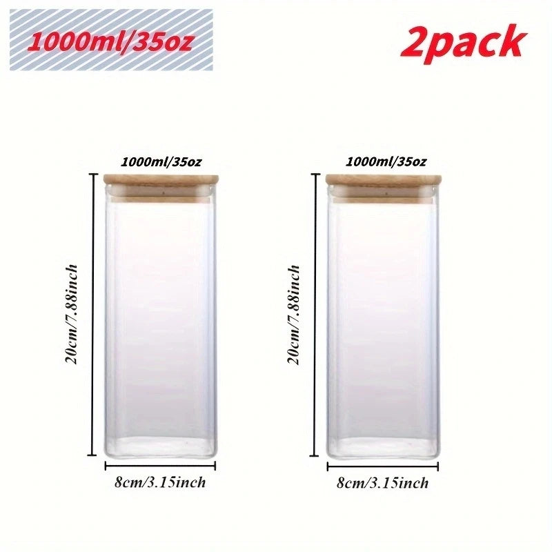 2/4 Pieces, 540Ml/1000Ml Glass Food Storage Jars with Bamboo Lids, Transparent Square Airtight Kitchen Storage Container Set, Stackable Glass Food Storage Jars, Suitable for Kitchen Counters, Candy, Cookies, Rice, Grains