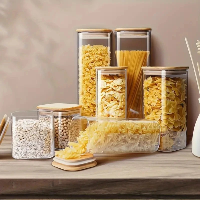2/4 Pieces, 540Ml/1000Ml Glass Food Storage Jars with Bamboo Lids, Transparent Square Airtight Kitchen Storage Container Set, Stackable Glass Food Storage Jars, Suitable for Kitchen Counters, Candy, Cookies, Rice, Grains