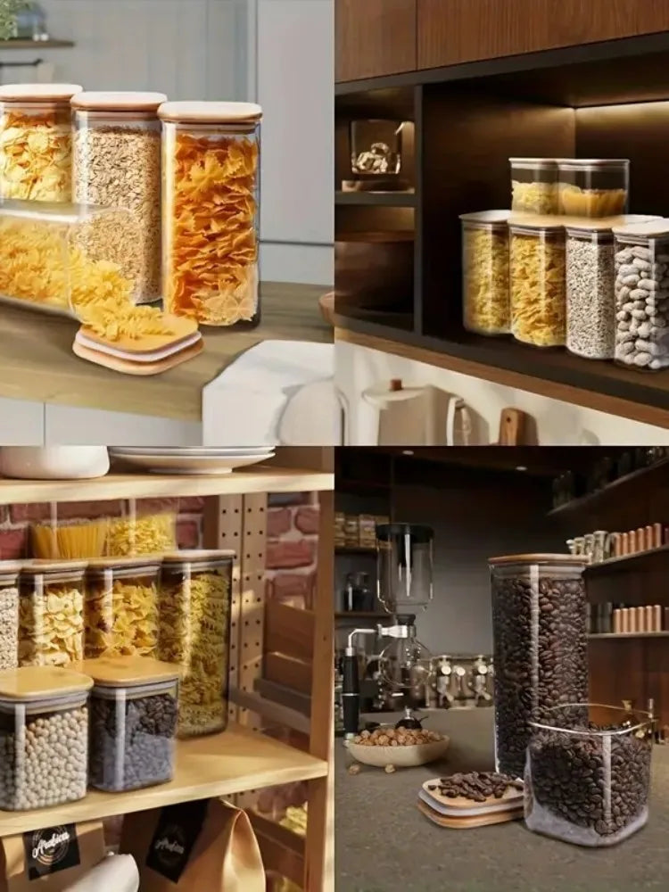 2/4 Pieces, 540Ml/1000Ml Glass Food Storage Jars with Bamboo Lids, Transparent Square Airtight Kitchen Storage Container Set, Stackable Glass Food Storage Jars, Suitable for Kitchen Counters, Candy, Cookies, Rice, Grains