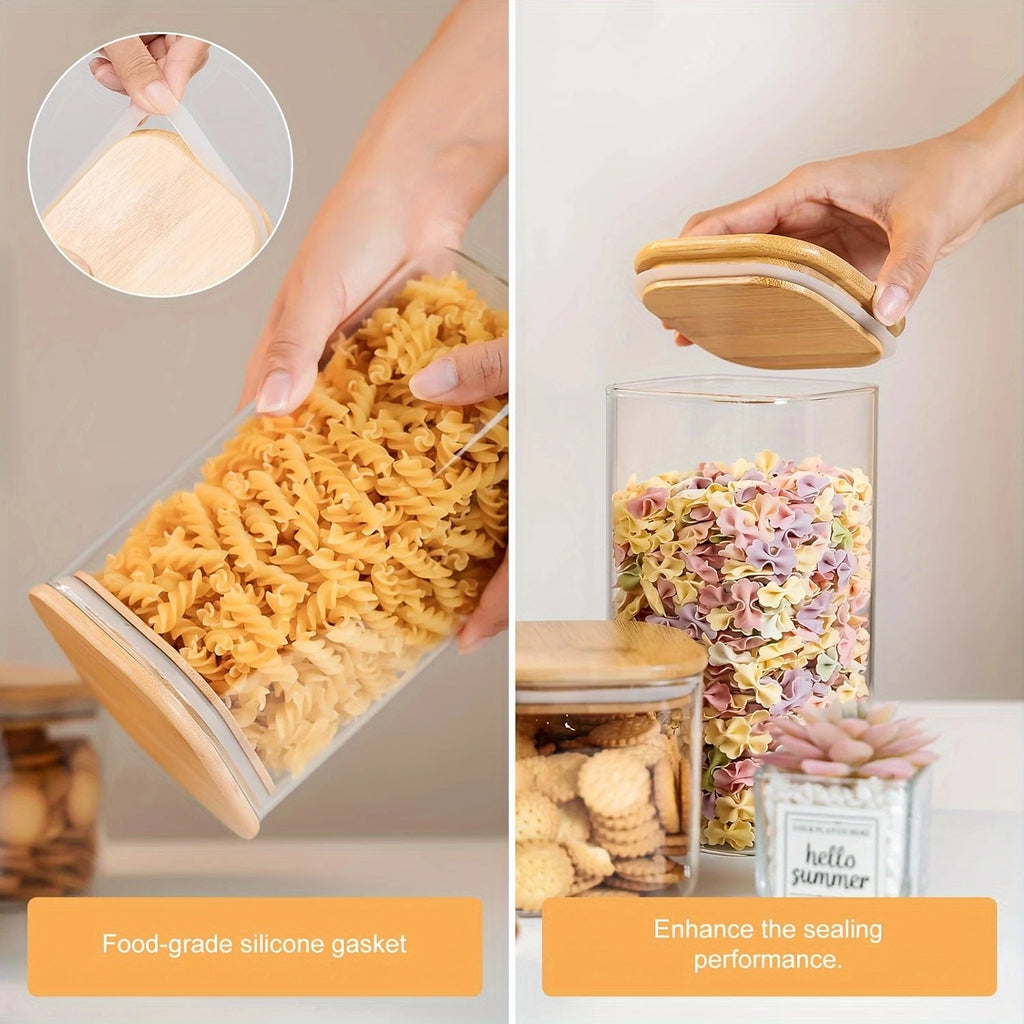 2/4 Pieces, 540Ml/1000Ml Glass Food Storage Jars with Bamboo Lids, Transparent Square Airtight Kitchen Storage Container Set, Stackable Glass Food Storage Jars, Suitable for Kitchen Counters, Candy, Cookies, Rice, Grains