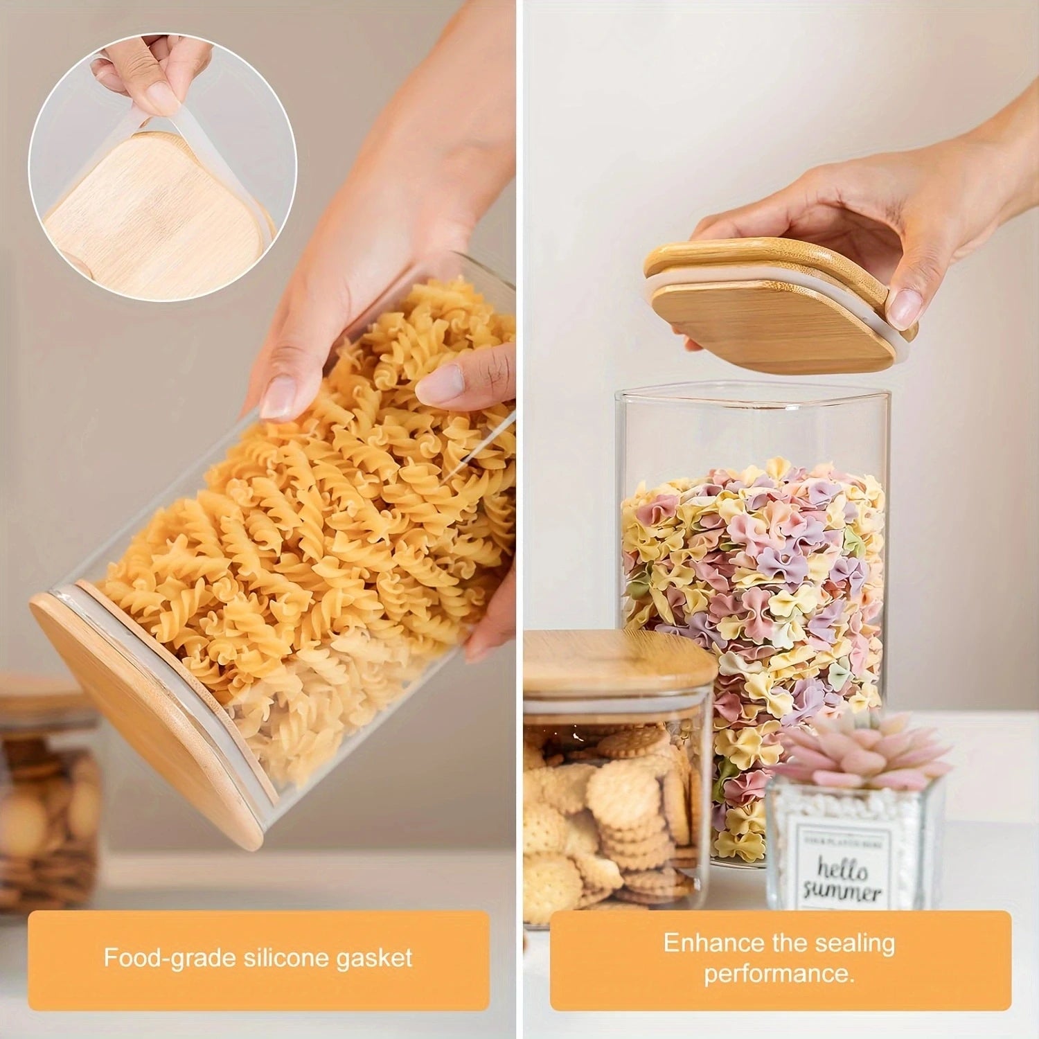 2/4 Pieces, 540Ml/1000Ml Glass Food Storage Jars with Bamboo Lids, Transparent Square Airtight Kitchen Storage Container Set, Stackable Glass Food Storage Jars, Suitable for Kitchen Counters, Candy, Cookies, Rice, Grains