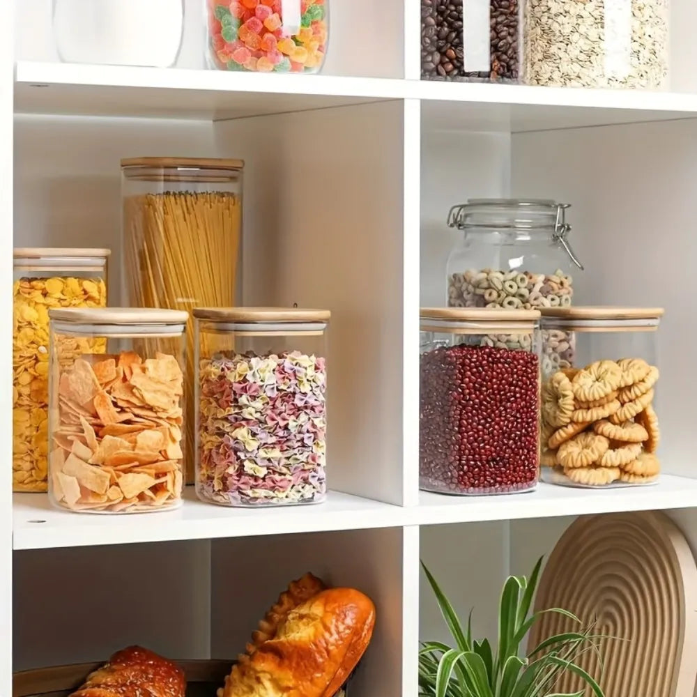 2/4 Pieces, 540Ml/1000Ml Glass Food Storage Jars with Bamboo Lids, Transparent Square Airtight Kitchen Storage Container Set, Stackable Glass Food Storage Jars, Suitable for Kitchen Counters, Candy, Cookies, Rice, Grains