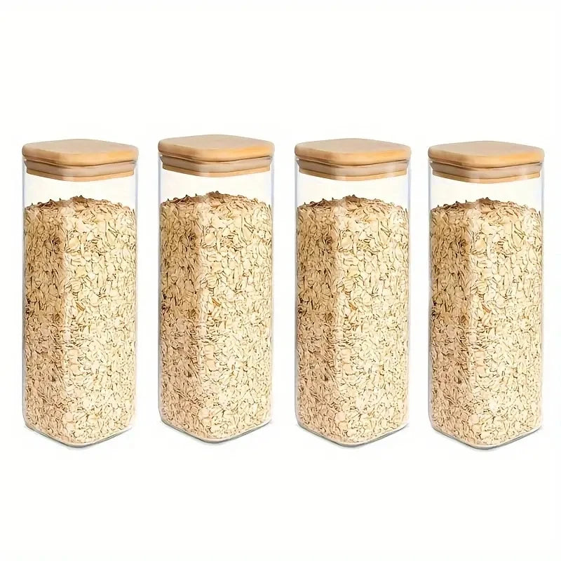 2/4 Pieces, 540Ml/1000Ml Glass Food Storage Jars with Bamboo Lids, Transparent Square Airtight Kitchen Storage Container Set, Stackable Glass Food Storage Jars, Suitable for Kitchen Counters, Candy, Cookies, Rice, Grains