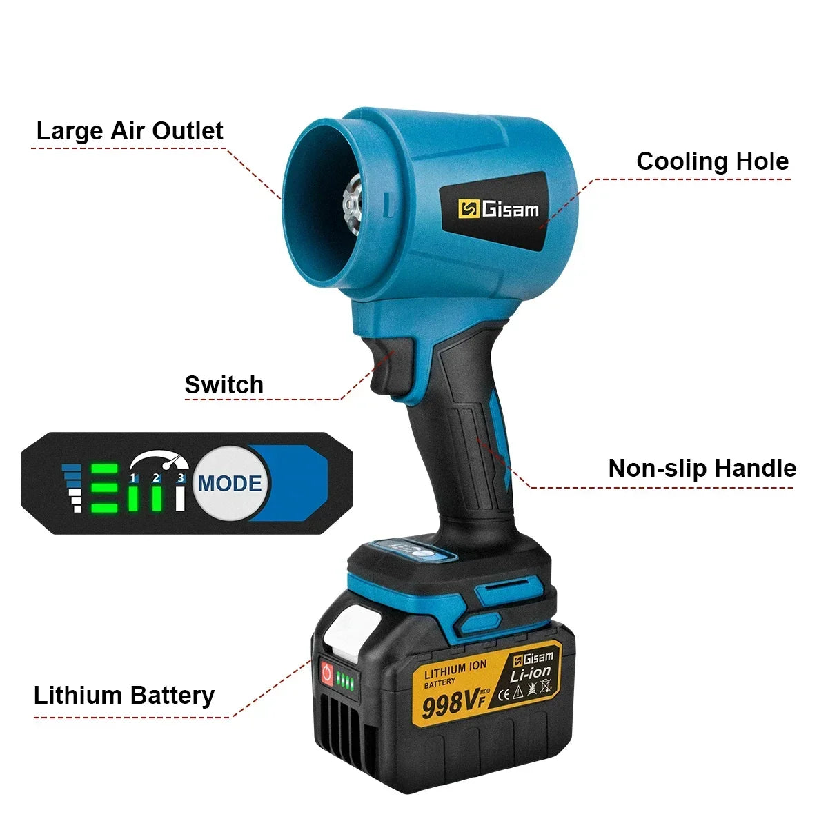 Gisam 300000RPM Brushless Electric Turbo Blowers Jet Fan 400M/S Handheld Leaf Blower Dust Blowing for Makita 18V Battery Pins