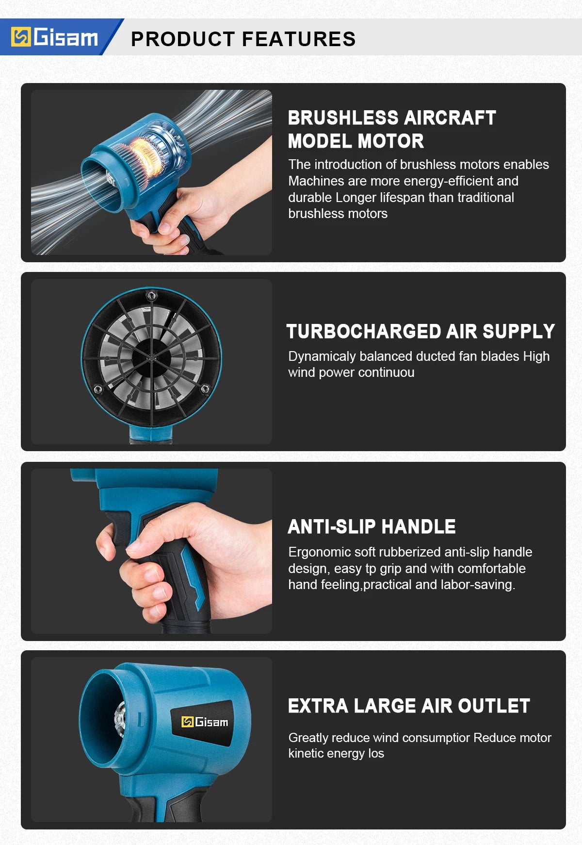 Gisam 300000RPM Brushless Electric Turbo Blowers Jet Fan 400M/S Handheld Leaf Blower Dust Blowing for Makita 18V Battery Pins