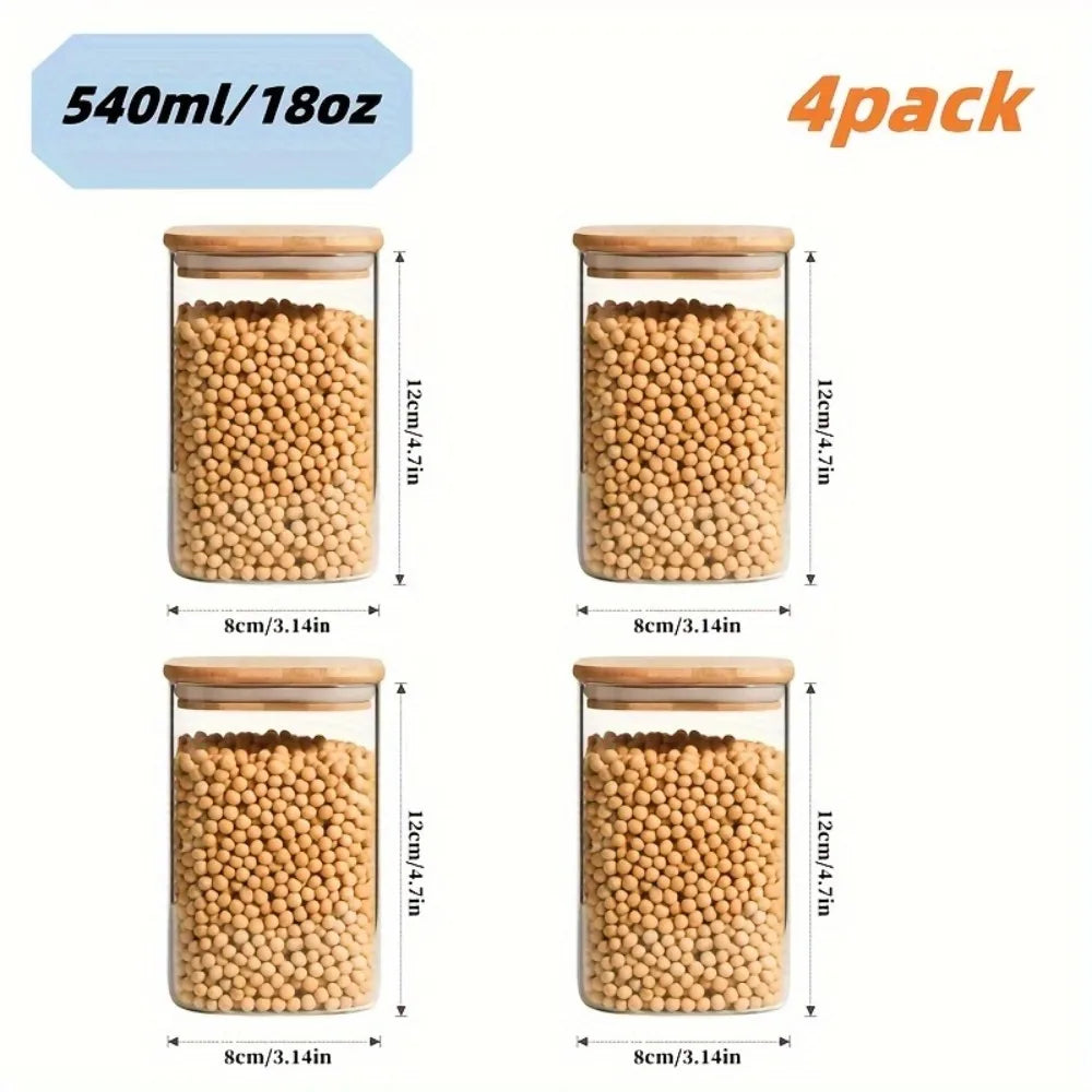 2/4 Pieces, 540Ml/1000Ml Glass Food Storage Jars with Bamboo Lids, Transparent Square Airtight Kitchen Storage Container Set, Stackable Glass Food Storage Jars, Suitable for Kitchen Counters, Candy, Cookies, Rice, Grains