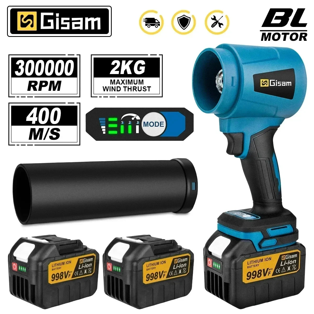 Gisam 300000RPM Brushless Electric Turbo Blowers Jet Fan 400M/S Handheld Leaf Blower Dust Blowing for Makita 18V Battery Pins